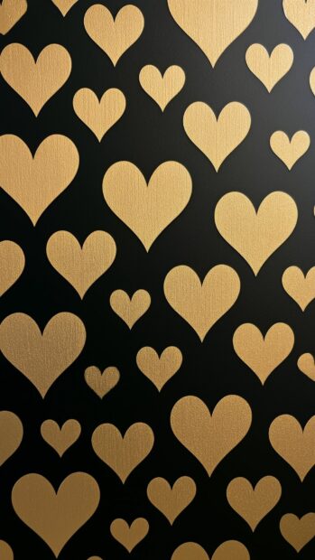 Heart wallpaper displaying a luxurious pattern of golden hearts in various sizes on a dark black background