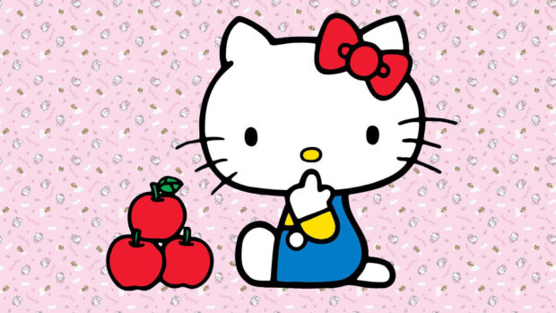 Hello Kitty Fall Wallpaper showing Hello Kitty in a blue dress sitting beside a stack of red apples on a subtle pink patterned background
