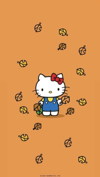 A charming Hello Kitty Fall Wallpaper showing Hello Kitty in blue overalls holding an acorn and leaf, surrounded by scattered autumn leaves on an orange background
