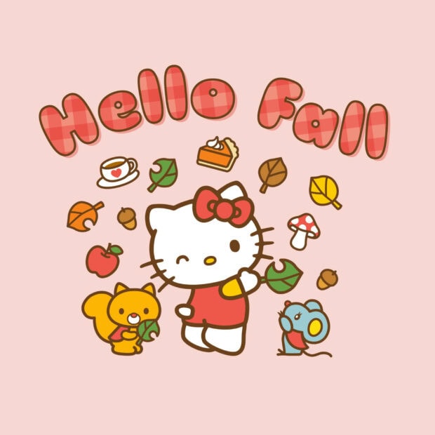 Hello Kitty Fall Wallpaper featuring Hello Kitty with a winking eye surrounded by cute fall animals, autumn leaves, and a pumpkin pie slice on a light pink background
