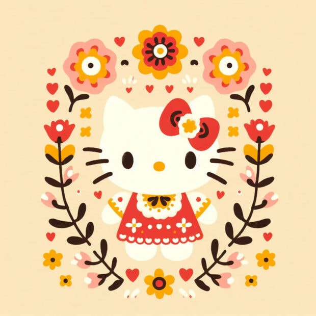 A decorative Hello Kitty Fall Wallpaper showcasing Hello Kitty in a red dress surrounded by colorful folk art flowers and hearts on a light background