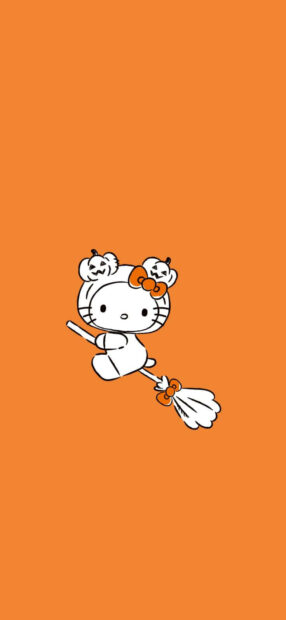 A cute Hello Kitty Fall Wallpaper featuring Hello Kitty dressed as a ghost witch riding a broomstick with pumpkin accents on an orange background