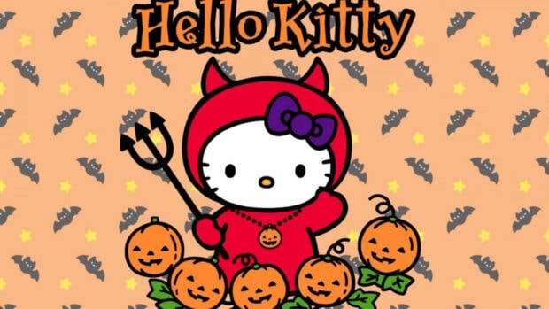 A festive Hello Kitty Fall Wallpaper featuring Hello Kitty dressed as a devil with pumpkins and bats on an orange background