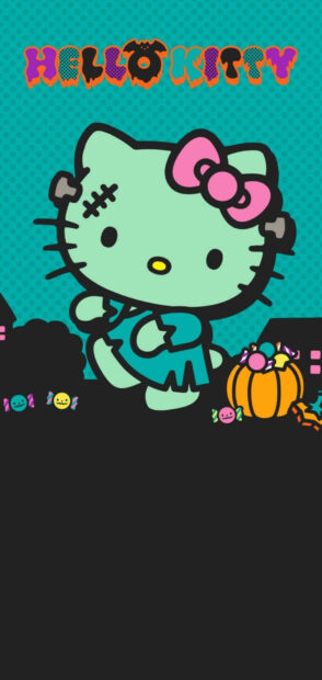 Hello Kitty Fall Wallpaper featuring Hello Kitty dressed as Frankenstein with a pink bow, surrounded by Halloween candy and pumpkins, on a teal and black background