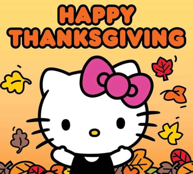 A festive Hello Kitty Fall Wallpaper featuring Hello Kitty with a pink bow, smiling below "HAPPY THANKSGIVING" text, surrounded by colorful autumn leaves on an orange background