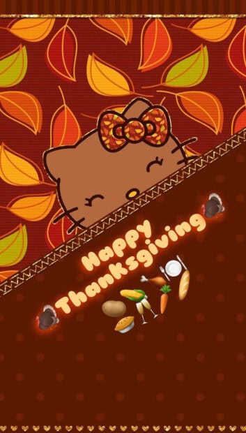A festive Hello Kitty Fall Wallpaper featuring Hello Kitty peeking from autumn leaves, with 'Happy Thanksgiving' text and various holiday food items