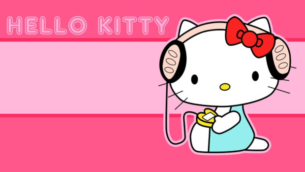 A Hello Kitty Fall Wallpaper featuring Hello Kitty wearing headphones on a vibrant pink background
