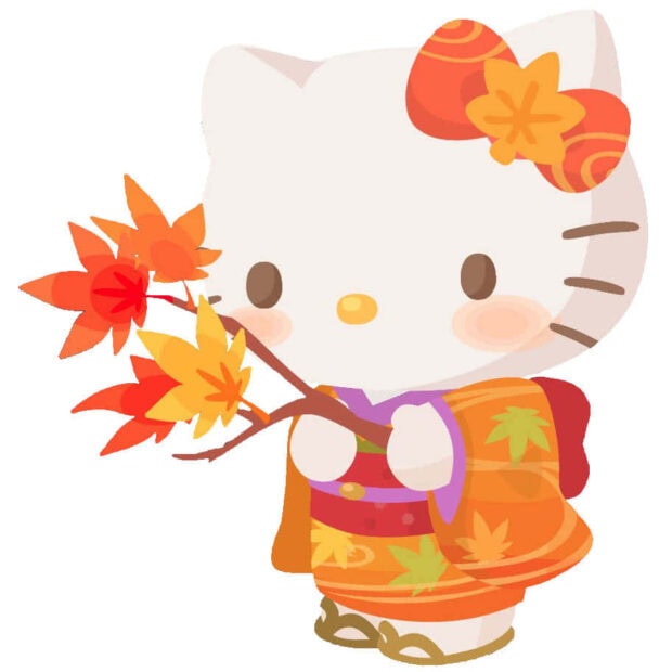 An adorable Hello Kitty Fall Wallpaper illustration depicting Hello Kitty wearing a traditional kimono adorned with fall leaf patterns, holding a branch of red and orange maple leaves