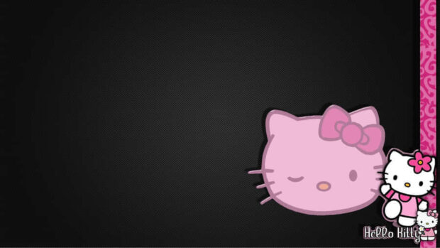 A minimalist Hello Kitty Fall wallpaper with a large pink Hello Kitty head winking on a black background, alongside a smaller full-body Hello Kitty on a decorative pink strip