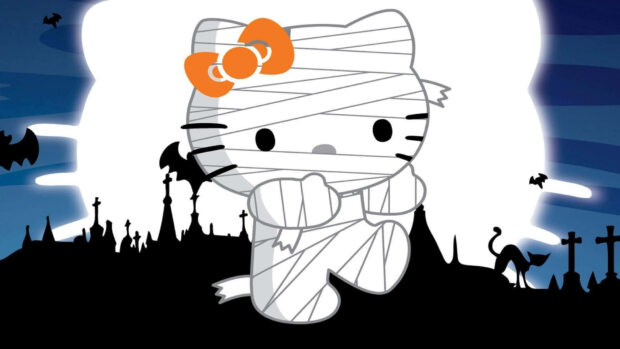 Hello Kitty Fall Wallpaper featuring Hello Kitty dressed as a mummy with bats and spooky trees against a large moon, perfect for Halloween