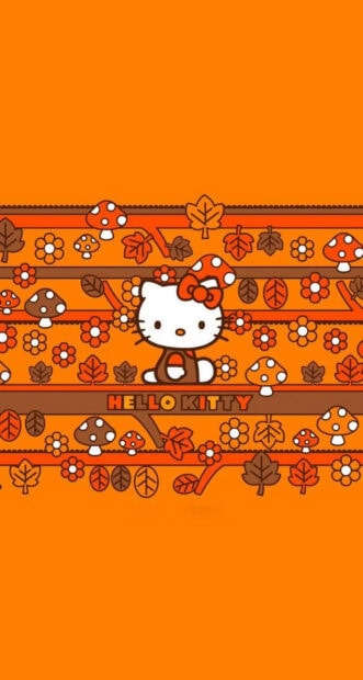 A unique Hello Kitty Fall Wallpaper showcasing Hello Kitty sitting amidst horizontal patterned stripes of mushrooms, flowers, and fall leaves, in an orange and brown color scheme