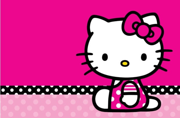 Hello Kitty Fall Wallpaper showing Hello Kitty in a pink polka dot dress against a vibrant pink background with polka dot and striped patterns