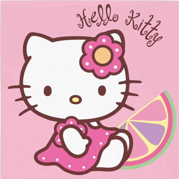 A cute Hello Kitty Fall Wallpaper depicting Hello Kitty with a pink flower and a colorful fruit slice on a pink background