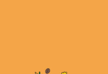 An adorable Hello Kitty Fall Wallpaper depicting Hello Kitty in a farmer outfit amidst pumpkins, corn stalks, and autumn leaves on an orange background