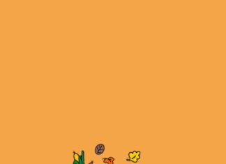 An adorable Hello Kitty Fall Wallpaper depicting Hello Kitty in a farmer outfit amidst pumpkins, corn stalks, and autumn leaves on an orange background