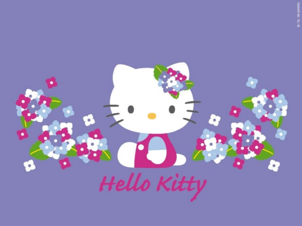 Hello Kitty Fall Wallpaper featuring Hello Kitty in a pink dress surrounded by colorful hydrangea flowers on a solid purple background