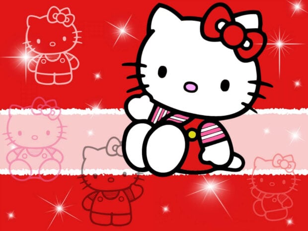 Hello Kitty Fall Wallpaper featuring Hello Kitty in a red and pink striped outfit on a vibrant red background with subtle sparkle accents