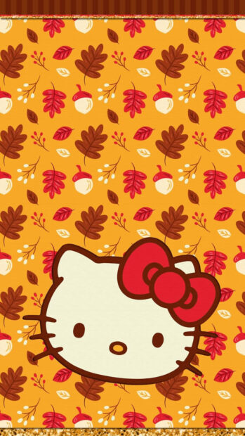 A cheerful Hello Kitty Fall Wallpaper presenting Hello Kitty with a classic red bow against a bright orange background filled with a repeating pattern of small fall leaves and acorns