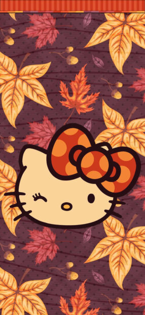 A delightful Hello Kitty Fall Wallpaper featuring Hello Kitty winking with an orange polka dot bow, surrounded by vibrant autumn leaves and acorns on a dark textured background
