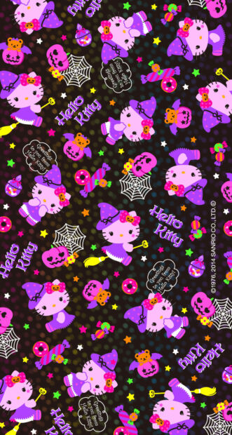 A vibrant Kawaii Halloween Wallpaper featuring Hello Kitty in various costumes like a witch and ghost, with candies and spiders on a dark background