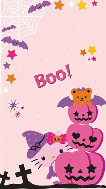 An adorable Kawaii Halloween Wallpaper featuring Hello Kitty as a witch with a stack of pink pumpkins and a 