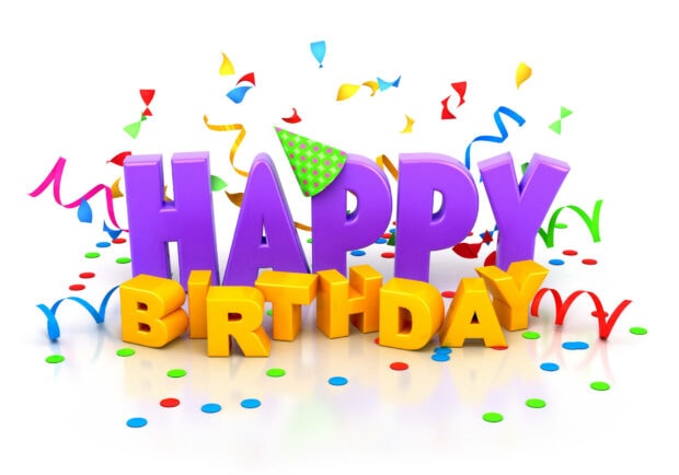 Its My Birthday Wallpaper showcasing colorful 3D Happy Birthday text surrounded by vibrant confetti and streamers on a clean white background