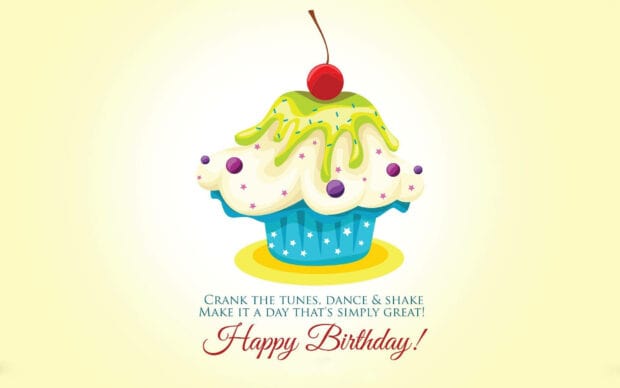 Its My Birthday Wallpaper featuring a cheerful cartoon cupcake with green frosting, a cherry, and 'Happy Birthday!' text