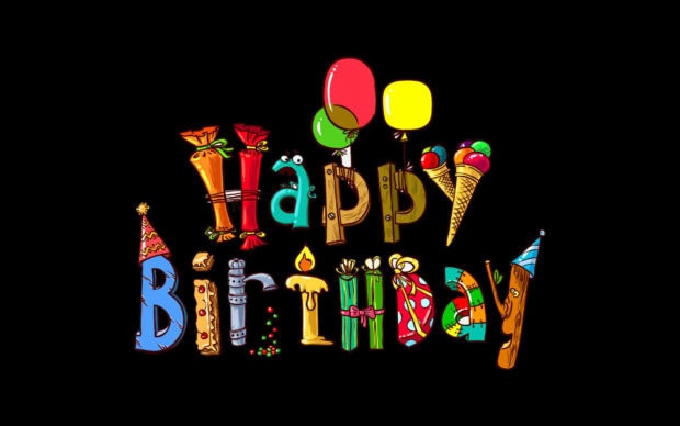 Its My Birthday Wallpaper with colorful cartoon letters forming 'Happy Birthday' on a solid black background