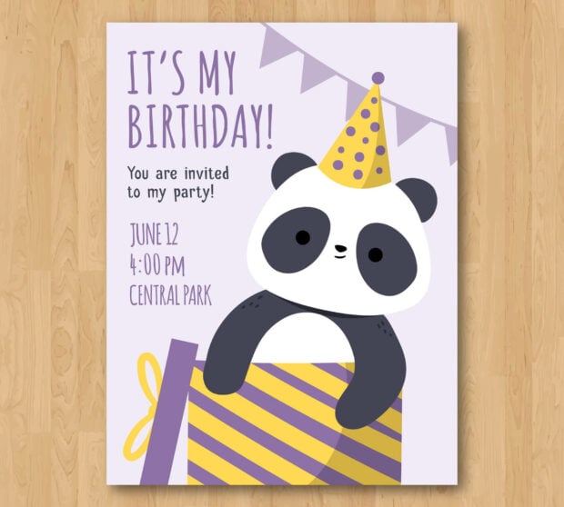 Its My Birthday Wallpaper featuring a cute cartoon panda in a party hat on a birthday invitation card