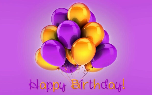 Its My Birthday Wallpaper showcasing a vibrant cluster of purple and gold balloons with 'Happy Birthday!' text