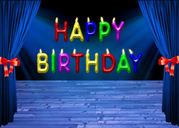 Its My Birthday Wallpaper featuring a vibrant stage with blue curtains and colorful candle letters