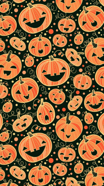 A vibrant halloween ipad wallpaper pattern filled with various orange smiling Jack-o'-lanterns on a dark background