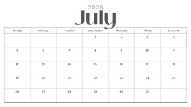 A clean and minimalist July 2026 Calendar Desktop Wallpaper HD featuring a simple white background and clear grey text
