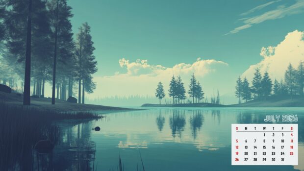 A serene July 2026 Calendar Desktop Wallpaper HD featuring a misty lake landscape with a small calendar
