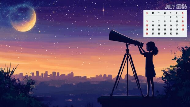 July 2026 Calendar Desktop Wallpaper HD featuring a girl looking through a telescope at a crescent moon and starry sky over a city skyline