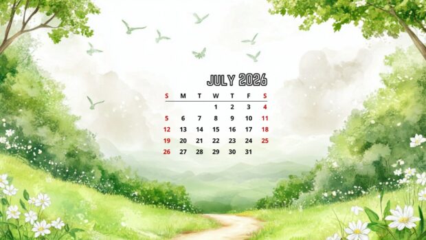 July 2026 Calendar Desktop Wallpaper HD with a peaceful green watercolor landscape, winding path, and flying birds