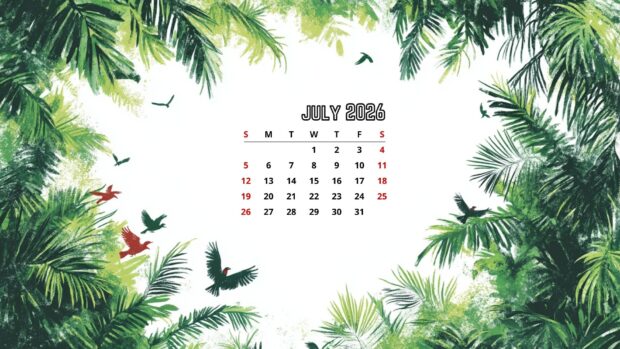 July 2026 Calendar Desktop Wallpaper HD featuring tropical green palm leaves and flying birds framing a central white space