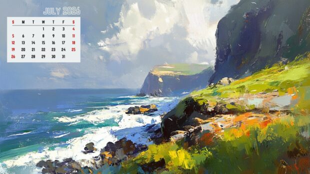 July 2026 Calendar Desktop Wallpaper HD featuring a dramatic painterly coastline with cliffs and crashing waves