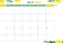 July 2026 Calendar Desktop Wallpaper HD blank planner template decorated with fresh lemons and herbs