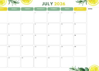 July 2026 Calendar Desktop Wallpaper HD blank planner template decorated with fresh lemons and herbs