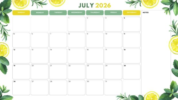 July 2026 Calendar Desktop Wallpaper HD blank planner template decorated with fresh lemons and herbs