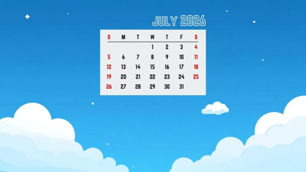 A July 2026 Calendar Desktop Wallpaper HD featuring a cartoon blue sky with white clouds and the calendar in the center