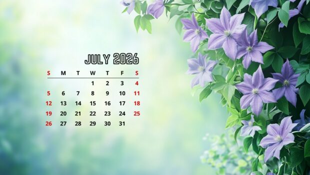 A July 2026 Calendar Desktop Wallpaper HD with beautiful purple clematis flowers and green foliage on a soft, blurred nature background