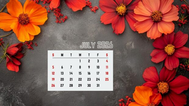 A July 2026 Calendar Desktop Wallpaper HD featuring vibrant red and orange cosmos flowers on a dark textured background