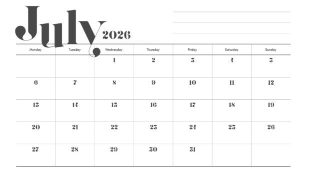 A simple July 2026 Calendar Desktop Wallpaper HD with a Monday start, presented on a clean white background