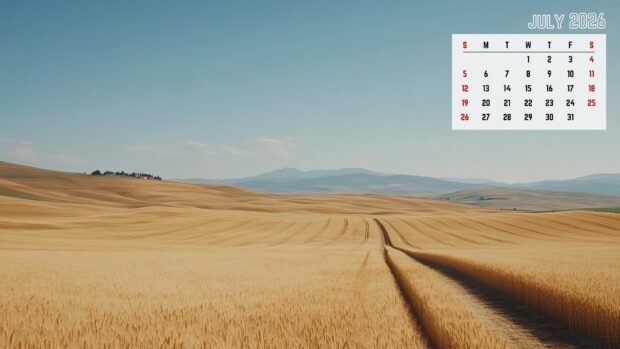 A July 2026 Calendar Desktop Wallpaper HD featuring a vast golden wheat field landscape under a clear blue sky with a winding path