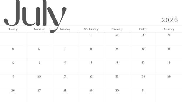 A minimalist white July 2026 Calendar Desktop Wallpaper HD with a clean grid and stylish black text