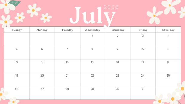 A charming pink floral July 2026 Calendar Desktop Wallpaper HD adorned with white daisy flowers