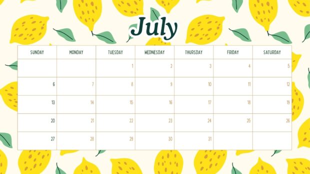 A vibrant yellow lemon pattern July 2026 Calendar Desktop Wallpaper HD with green leaves