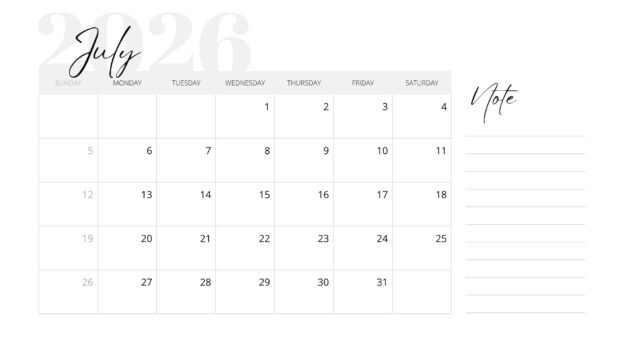 A clean minimalist white July 2026 Calendar Desktop Wallpaper HD with a 'Note' section on the right
